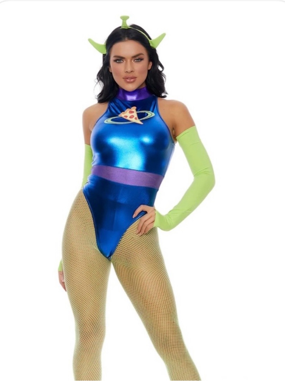 Blue Alien Rocket Bodysuit Costume with Lime Accessories NWT